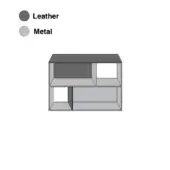 Metal storage unit, matte gray finish, with dark charcoal leather panel; rectangular form features open shelving and geometric design.