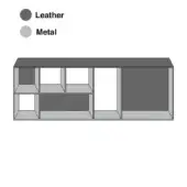 Storage unit, gray leather and metal, rectangular form with six open compartments in asymmetrical arrangement.