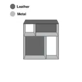 Modular storage unit, leather and metal, rectangular compartments with dark leather fronts and light metal frame, minimalist design.