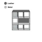 Metal shelving unit, gray finish, cube shape with six compartments; central panel in dark gray leather, minimalist geometric design.