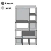 Metal shelving unit with dark leather shelves, rectangular frame, asymmetrical arrangement, matte finish, contemporary design, white background.