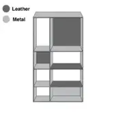 Shelving unit, leather and metal, rectangular with six compartments in a three-by-two arrangement; light gray metal, dark gray leather.