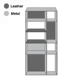 Metal shelving unit, light gray finish, with leather compartments arranged in a geometric, eight-section vertical configuration.