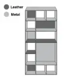 Metal shelving unit with dark leather panels, rectangular form, vertical tiered arrangement, light gray frame, charcoal gray accents.