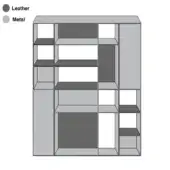 Modular shelving unit, gray leather and metal, asymmetrical grid with rectangular compartments and matte finish.