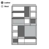 Modular shelving unit, gray leather and metal, geometric grid design with tiered compartments and contrasting panel accents.