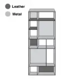Shelving unit, metal and leather, geometric tiered design with rectangular compartments and matte finish, against a white background.