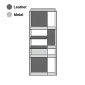 Modular shelving unit, dark gray leather and light gray metal, nine-compartment grid with minimalist geometric design.