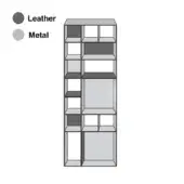 Leather and metal shelving unit with rectangular compartments, featuring a geometric grid pattern and modular design in gray tones.