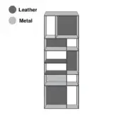 Modular shelving unit, gray leather and metal, asymmetrical rectangular compartments with open plan design and contrasting tones.