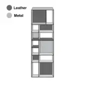 Shelving unit, metal and leather, tall rectangular tiers with asymmetrical compartments; light gray frame with dark gray panels.
