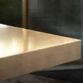 Gold leaf table with thick tabletop and sharp edges, set against a blurred dark green ribbed wall and foliage.