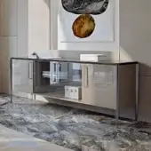 Distinguished Turri Milano sideboard with lacquered wooden structure, sleek metal legs and glass-fronted doors in a muted taupe finish