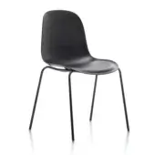 Dining chair, dark wood molded seat and back, black metal splayed legs, contemporary design, matte finish, organic curved shape, studio shot.