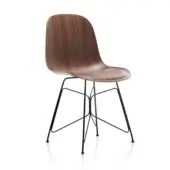 Dining chair, wood with dark brown zebrawood finish, featuring curved back and butterfly metal base legs.