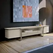 Elegant Turri Milano TV stand with light beige lacquered wood and curved gray metal legs, including leather drawers
