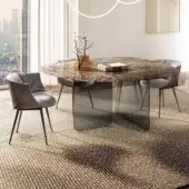 Distinguished Lago Air Organic table with slender tempered-glass legs and a glossy marble-like top in brown, tan, and grey tones crafted in Italy