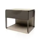 Nightstand, brushed bronze metal, rectangular form with dark gray fabric drawer and open compartment, lower shelf, minimalist design.
