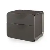 Dark gray nightstand with two drawers, square silhouette, matte fabric texture, metallic gray frame, and flat extended top, studio shot.