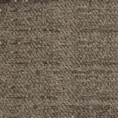 Olive green woven fabric sample with heathered beige, gray, and brown flecks; dense, nubby texture with matte finish and discreet label.