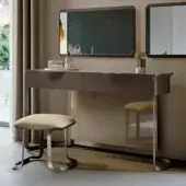 Elegant Turri Milano vanity with a glossy medium brown lacquered finish and brushed nickel metal structure crafted in leather