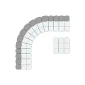 Geometric arrangement of white and gray rectangular blocks in an arc and line, with black grid details on a white background.