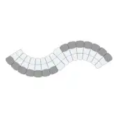 Modular seating arrangement, gray fabric upholstery, curved rectangular modules with a darker central section and minimalist design.
