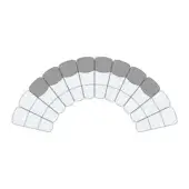 Modular seating arrangement, medium and light gray fabric, fifteen curved units with angled backrests against a white backdrop.