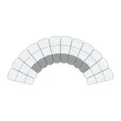 Arched geometric composition of gray rectangular segments against white, featuring a curved structure with contrasting dark and light gray bands.