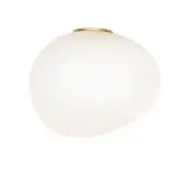 Ceiling light fixture, white glass sphere, gold band accent, minimalist modern design, flush mount, evenly diffused light, clean rounded form.