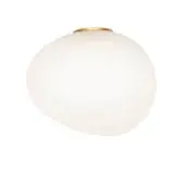 Flush mount ceiling light, white glass shade, irregular spherical form with polished gold band accent, semi grande gold model.