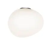Flush mount ceiling light, white opaque glass shade, dark gray graphite mounting plate, spherical shape, minimalist modern design.