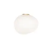 Flush mount ceiling light, gold metal and white glass, spherical globe with textured surface and minimalist circular band detail.