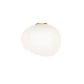 Gold ceiling light, white glass shade, spherical form, flush mount, polished gold band, studio product shot.
