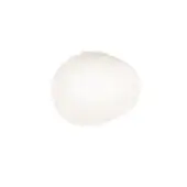Semi flush mount ceiling light, white translucent glass, spherical shape with circular mounting plate and diffused illumination.