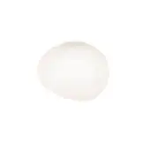 Flush mount ceiling light, white glass, organic spherical shade with flattened top and bottom, diffused light, circular mounting plate.
