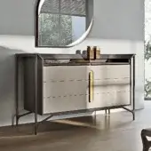 Superior Turri Vine dresser with wooden structure and leather-covered drawers in neutral beige or light gray matte finish