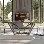 Distinguished Turri Vine table with a natural wood structure and bronzed glass slabs, accented by marble inserts and a dark gray matte tabletop
