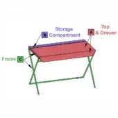 Desk with red top, purple compartment, and light green metal X-frame, set against a white backdrop, featuring a drawer and minimalist design.