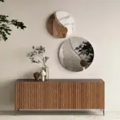 Superior Bontempi Musa sideboard with fluted warm brown wood and dark metal legs crafted in Italy