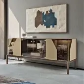 Architectural Turri Vine sideboard crafted in wood with embedded glass and beige leather applications, enhanced with internal lighting