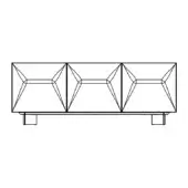Eden sideboard drawing – black lines on white, rectangular form with four geometrically patterned sections featuring triangular, faceted designs and square feet.