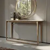 Superior Turri Vine console with branch-like natural wood structure and light gray marble-like top with beveled edges in a light beige finish