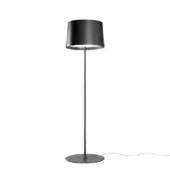 Foscarini Twiggy Lettura floor lamp in black with a cylindrical shade, slender stem, and disc base against a white backdrop.