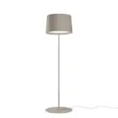 Foscarini Twiggy Lettura floor lamp, greige finish, tall cylindrical shade, thin stem, circular base, minimalist modern design.