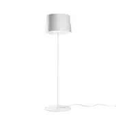Foscarini Twiggy Lettura floor lamp in white with slender stem, circular base, and textured silver cylindrical lampshade, studio shot.