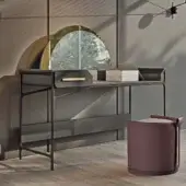 Distinguished Turri Vine vanity with wooden structure and leather covering, accented by brushed gold metal detailing and refined finishes