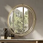 Lavish Turri Vine Round mirror with beige leather and brushed gold metal, built with integrated LED lighting