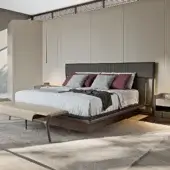 Superior Turri Vine bed with dark gray leather headboard and natural dark brown wood structural parts complemented by light gray textile bedding