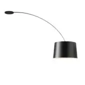 Foscarini Twiggy ceiling lamp, black metal, curved arm with cylindrical shade, minimalist design, studio shot, white background.